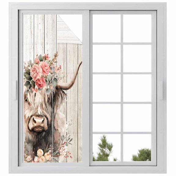 Spring Cow Floral Window Privacy Film, Grey Wooden Farmhouse Static Cling UV Sun Blocking Heat Control Window Tint Day and Night, Non-Adhesive Reusable One Way Windows Privacy Cover 23.6''x59''