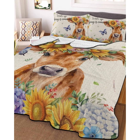 Spring Cow King Size Down Alternative Comforter, Lightweight Comforter Quilt Bedding Set with Pillow Shams Summer Sunflower Botanical Rustic All Seasons Bed Comforter Duvet Insert 96"x106"