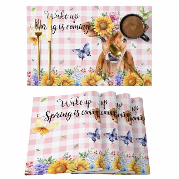 Spring Cow Placemats Set of 12 Summer Sunflower Botanical Pink Plaid Place Mats Indoor Wipeable Table Mats Washable Cloth Dining Table Placemats for Kitchen Holiday Party Home Decor 13x19 Inch