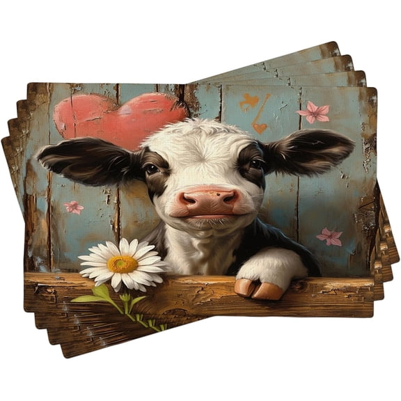 Spring Cow Placemats Set of 4 Funny Animal Daisy Farmhouse Wood Heart Cute Black and White Linen Machine Washable Wipe Clean Non Slip Heat Resistant Decorative Dining Room Kitchen Mats 12x18 Inch
