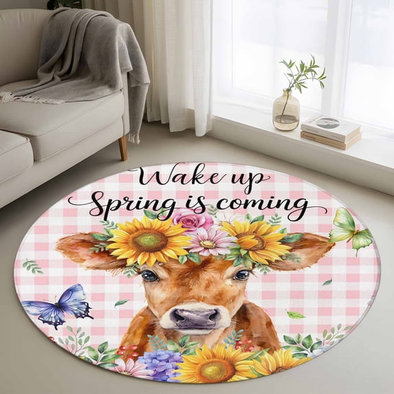 Spring Cow Round Area Rug 3Ft Washable Small Circle Rugs for Kitchen Entryway, Summer Sunflower Botanical Pink Plaid Non-Slip Carpet Floor Mats Indoor Outdoor Carpet Runner Aesthetic Home Decor