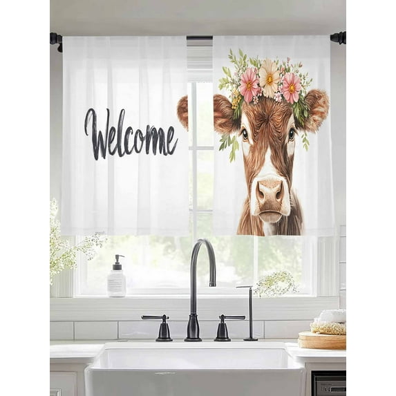 Spring Cow Sheer Curtains for Living Room Bedroom Cute Wildflower Floral Botanical Blooms Sheer Curtains 54 Inch Long 2 Panels Set Light Filtering Curtain Window Treatments Drapes for Dining Room