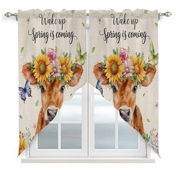 Spring Cow Swag Valances for Windows 2 Pack, Kitchen Window Curtains 36 Inch Length, Summer Sunflower Botanical Rustic Privacy Swag Curtains for Living Room/Bathroom with Rod Pocket 36"x36"