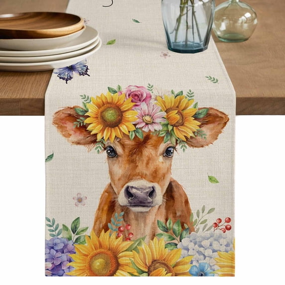 Spring Cow Table Runner 108 Inches, Summer Sunflower Botanical Rustic Bed Runner Dresser Scarves Tabletop for Indoor Outdoor Parties/Ceremony/Banquet, 13"x 108"