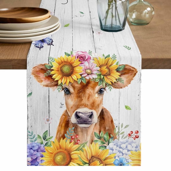 Spring Cow Table Runner 90 Inches, Summer Sunflower Botanical Vintage Bed Runner Dresser Scarves Tabletop for Indoor Outdoor Parties/Ceremony/Banquet, 13" x 90"