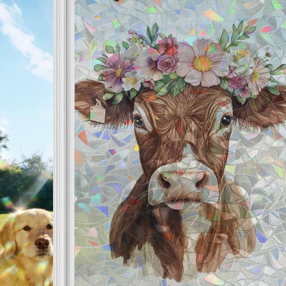 Spring Cow Window Privacy Film Stain Glass,Reusable Decorative Rainbow Window Film,Botanical Blossom Motif Country Florals Static Cling Sun Blocking Stickers Decals Covers 17.7" x 39.3" (2pcs)