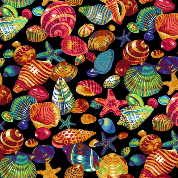 Spring Creative Shells multi color on black 100% Cotton Fabric sold by the yard