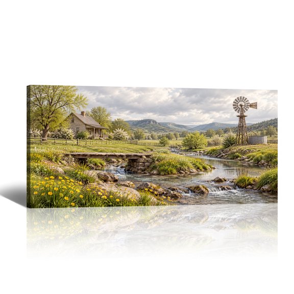 Spring Creek Bridge Windmill Canvas Wall Art Yellow Flower House Prints, Rustic Western Ranch Country Life Artwork Paintings for Living Room Bedroom Home Wall Decor