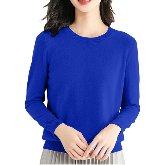 Spring Crew Neck Sweater for Women Solid Color Long Sleeve Soft Cozy Tunic Tops Ladies Casual Loose Knit Jumper(Blue,M)