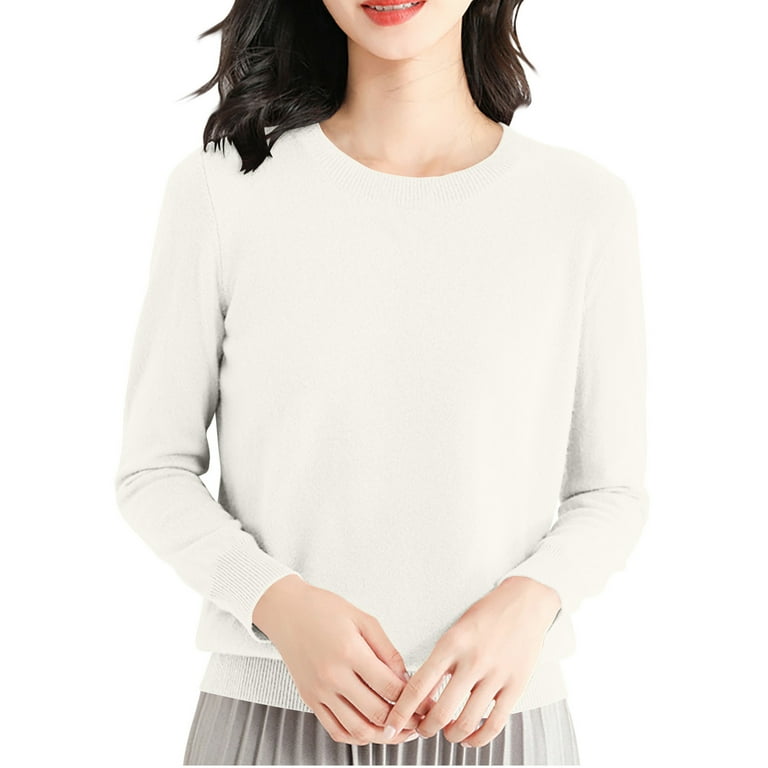 Spring Crew Neck Sweater for Women Solid Color Long Sleeve Soft Cozy Tunic Tops Ladies Casual Loose Knit Jumper White XXL
