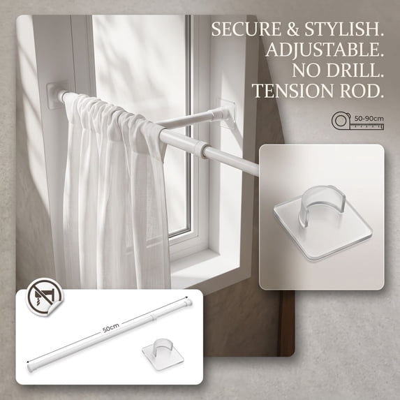 Spring Curtain Rod 1-Pack, Adjustable 50-90 Inches, No-Drill Tension Rod for 42-80 Inch Windows, with Rod Holder for Stability
