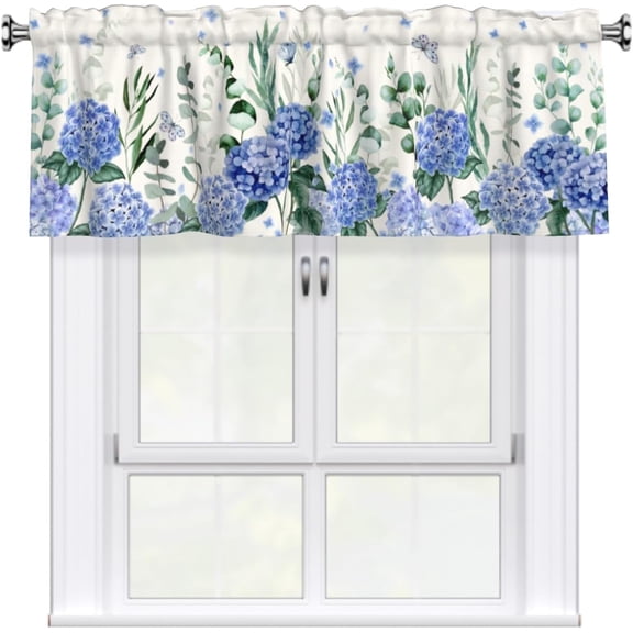 Spring Curtain Valances for Kitchen Windows 54x18 Inch Blue Hydrangea Summer Rod Pocket Valance Window Treatments 1 Panel Short Curtains for Bedroom Bathroom Living Room Decor