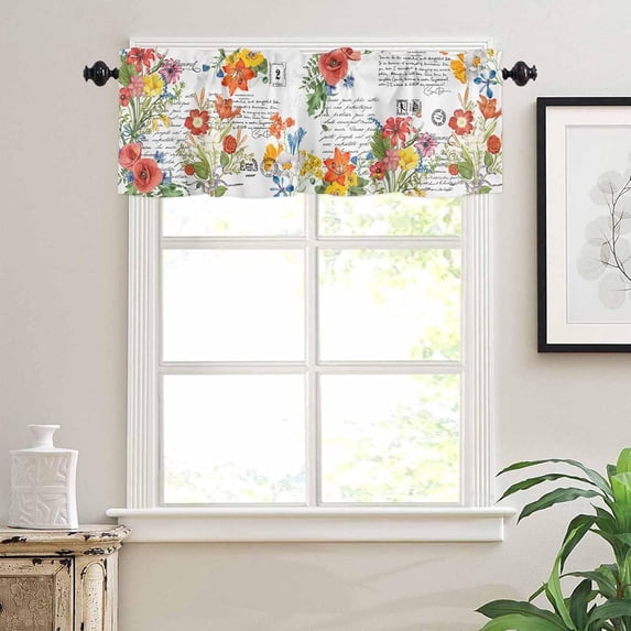 Spring Curtain Valances for Windows, Vintage Nature Botanical Colorful Flowers Rod Pocket Valance Window Treatments Short Curtains for Kitchen Bathroom Living Room