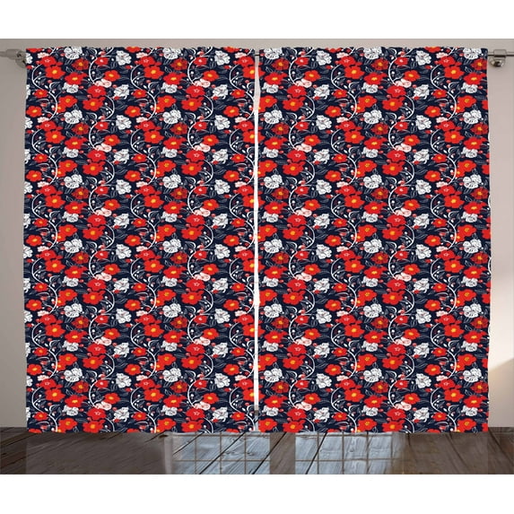 Spring Curtains 2 Panels Set, Colorful Blooming Petals Doodle Style Abstract Foliage Silhouettes, Window Drapes for Living Room Bedroom, 108W X 108L Inches, Dark Blue Vermilion Yellow, by Ambesonne
