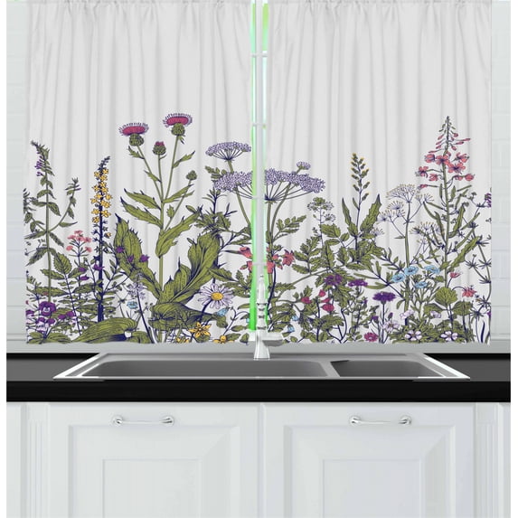 Spring Curtains 2 Panels Set, Colorful Thriving Garden with Herbs and Flowers Pattern Seasonal Rural Field Meadow, Window Drapes for Living Room Bedroom, 55W X 39L Inches, Multicolor, by Ambesonne