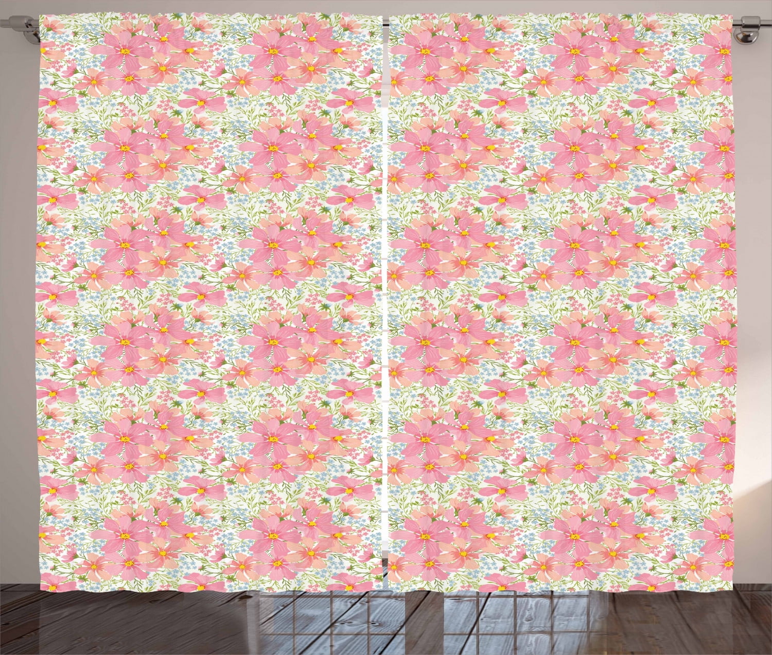 Spring Color Drape Spring Curtains 2 Panels Set, Flowers and Herbs Illustration in Pastel ...