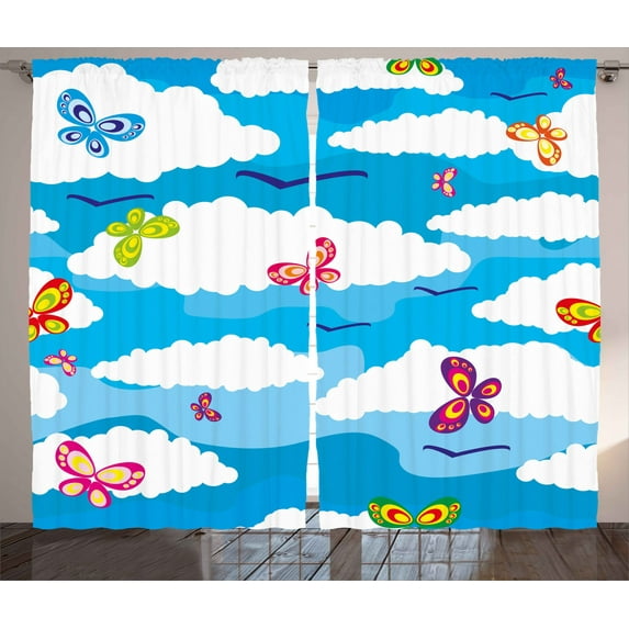 Ambesonne Spring Curtains 2 Panel Set, Clouds Butterfly Summer, 108" x 96", Sky Blue White