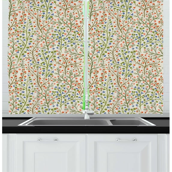 Spring Curtains 2 Panels Set, Rural Nature Inspired Pattern Different Small Flowers and Berries Garden Ornament, Window Drapes for Living Room Bedroom, 55W X 39L Inches, Multicolor, by Ambesonne