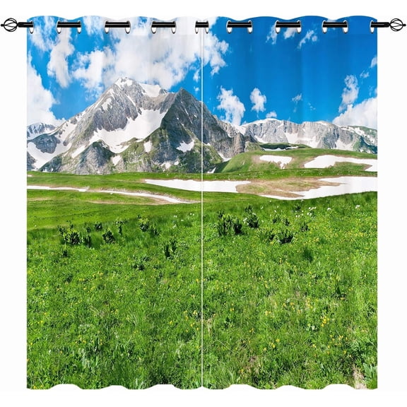 Spring Curtains, Nature Green Grass Mountain Landscape Scenery Print Patterned Home Decoration Waterproof Fabric Grommet Window Drapes for Bedroom Living Room Cafe Office 2 Panels W42 x L84