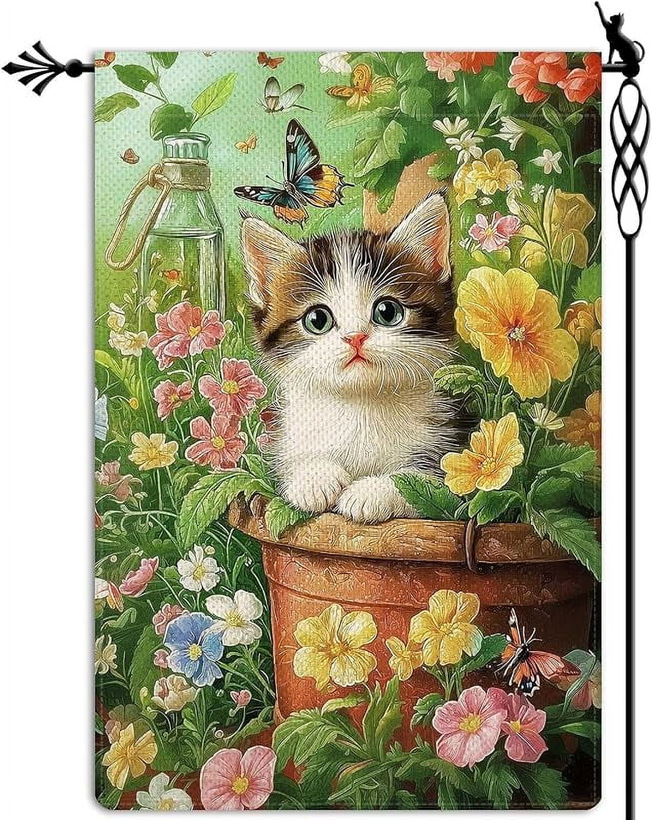 Spring Cute Cat Garden Flag Spring Summer Butterfly Floral Flowers Garden Flag Vertical Double Sided Rustic Farmland Burlap Yard Lawn Outdoor Decor