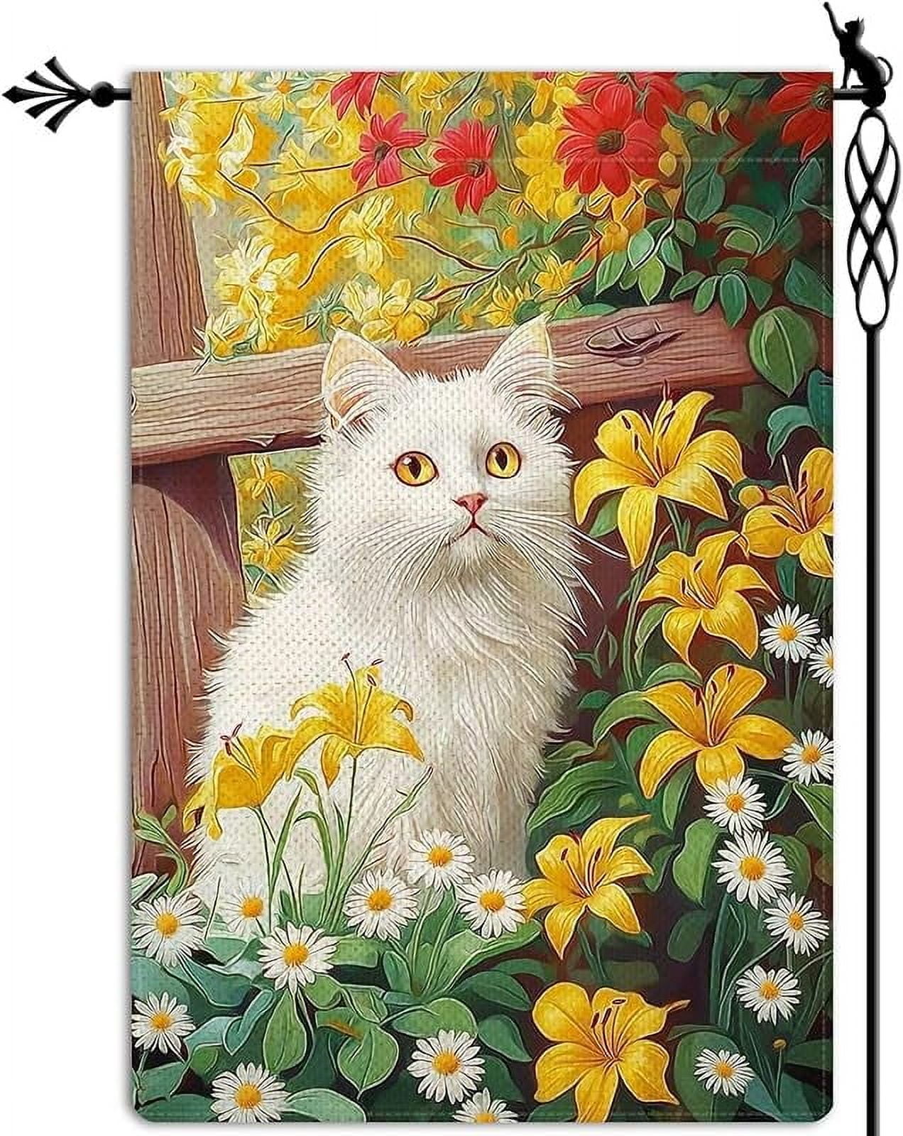 Spring Cute White Cat Garden Flag Spring Summer Floral Flowers Garden Flag Vertical Double Sided Rustic Farmland Burlap Yard Lawn Outdoor Decor