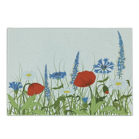 Spring Cutting Board, Bloomed Poppy and Chamomile Among Wild Herbs and Grasses, Decorative Tempered Glass Cutting and Serving Board, Small Size, Apple Green Azure Blue, by Ambesonne