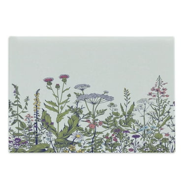 Spring Cutting Board, Colorful Thriving Garden with Herbs and Flowers Pattern Seasonal Rural Field Meadow, Decorative Tempered Glass Cutting and Serving Board, Large Size, Multicolor, by Ambesonne