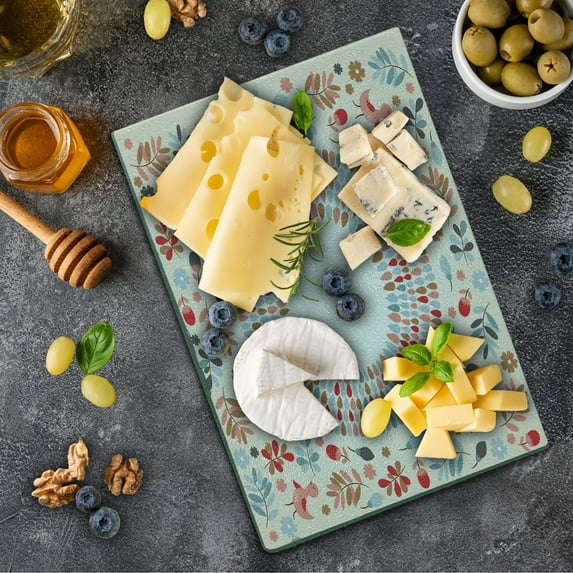 Spring Cutting Board, Inspired Botanical Pattern with Birds Herbs Flowers and Buds, Decorative Tempered Glass Cutting and Serving Board, in 3 Sizes, by Ambesonne