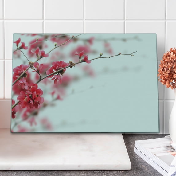 Spring Cutting Board, Nature Beauty Cherry Blossom Branches Misty Inspirational Japanese Blooms Image, Decorative Tempered Glass Cutting and Serving Board, Large Size, Hot Pink White, by Ambesonne