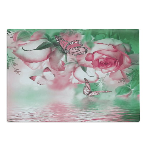 Spring Cutting Board, Refreshing Rose Petals and Butterfly Water Romance Beauty Bouquet Design, Decorative Tempered Glass Cutting and Serving Board, Large Size, Jade Green Pale Pink, by Ambesonne