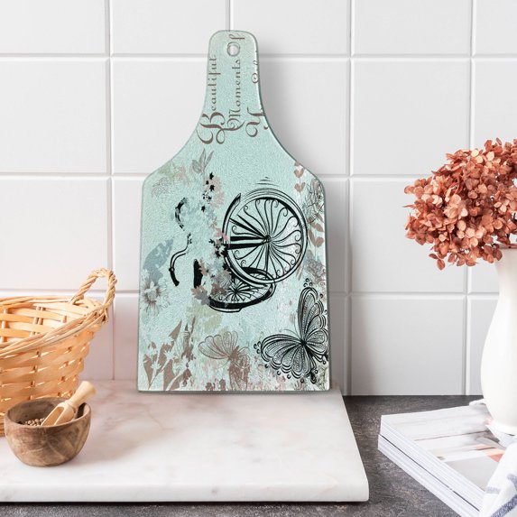 Spring Cutting Board, Vintage Bike Covered by Soft Tone Blooms Leaves in the Park Butterflies Flying Theme, Tempered Glass Cutting and Serving Board, Wine Bottle Shape, Multicolor, by Ambesonne