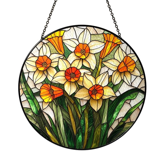 Spring Daffodil Floral Stained Glass Window Hanging, Botanical Nature Art for Light Filled Living Spaces