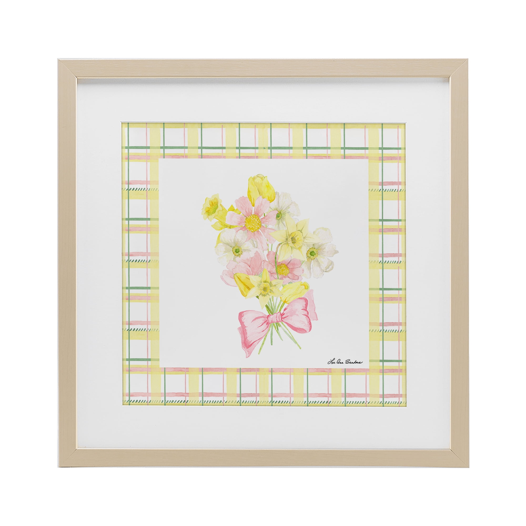 Spring Daffodils on Plaid Birch Framed Print Under Glass, design by Lee Ann Sanders
