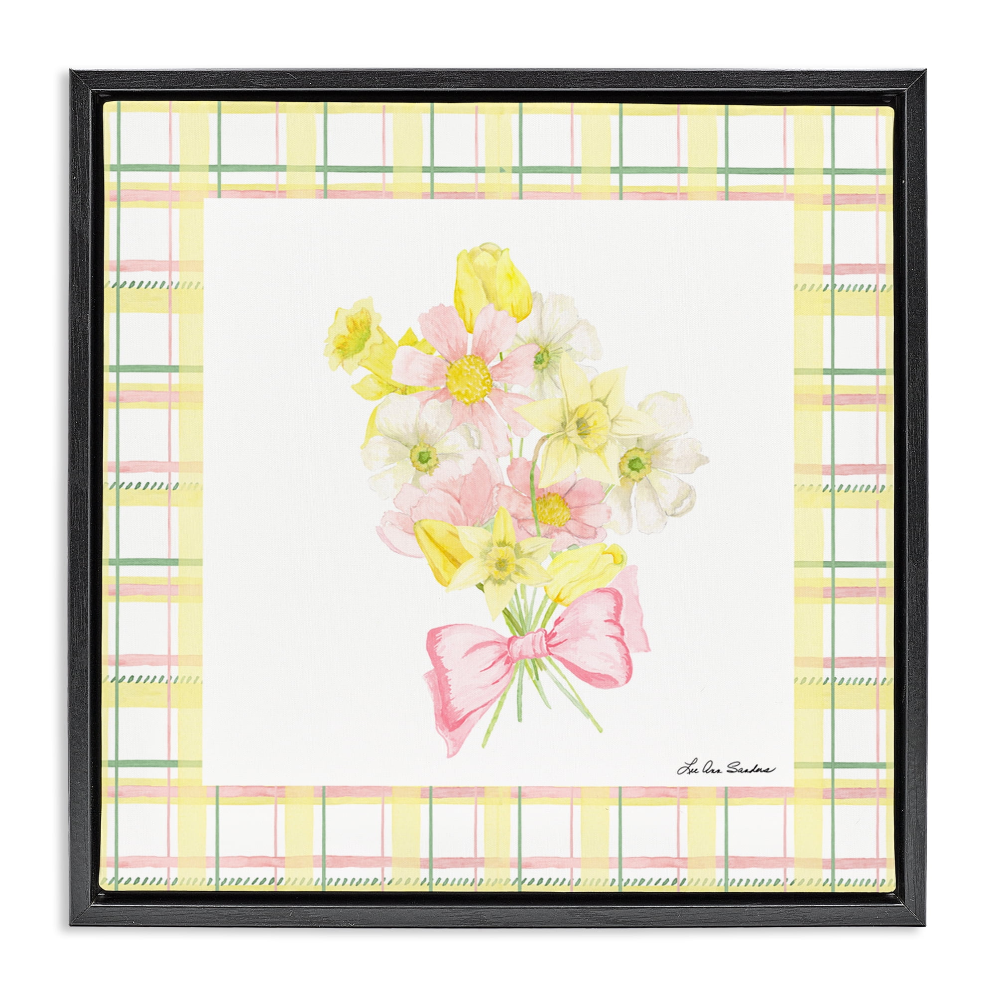 Spring Daffodils on Plaid Black Framed Floater Canvas Wall Art, design by Lee Ann Sanders