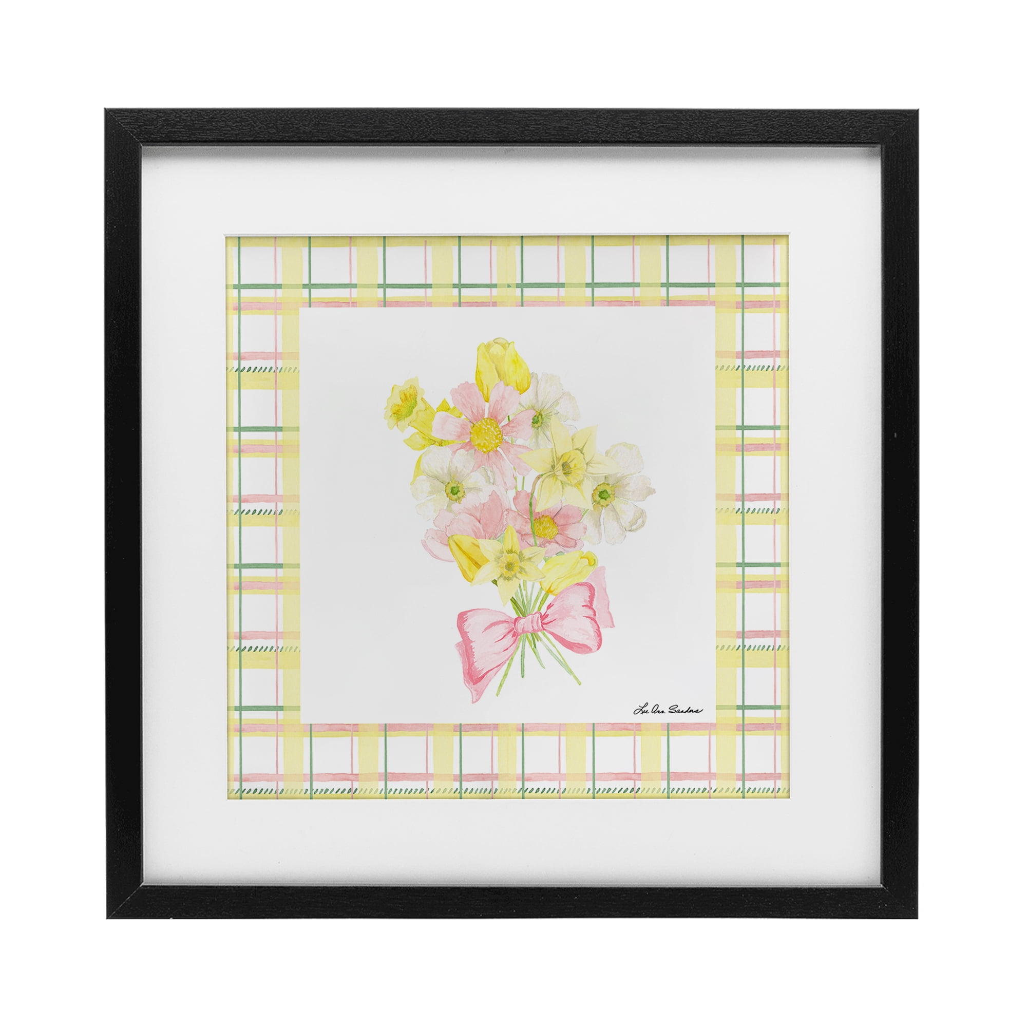 Spring Daffodils on Plaid Black Framed Print Under Glass, design by Lee Ann Sanders
