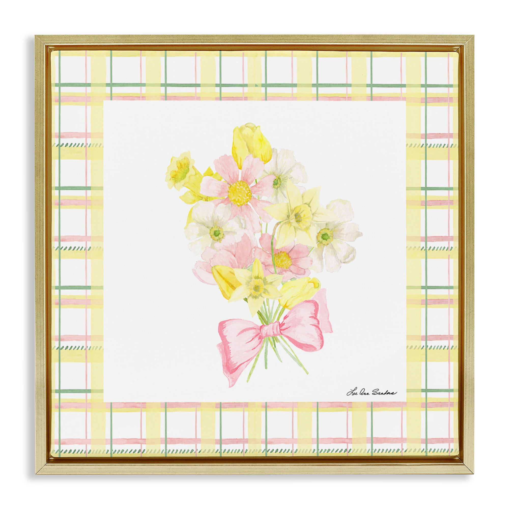 Spring Daffodils on Plaid Gold Framed Floater Canvas Wall Art, design by Lee Ann Sanders