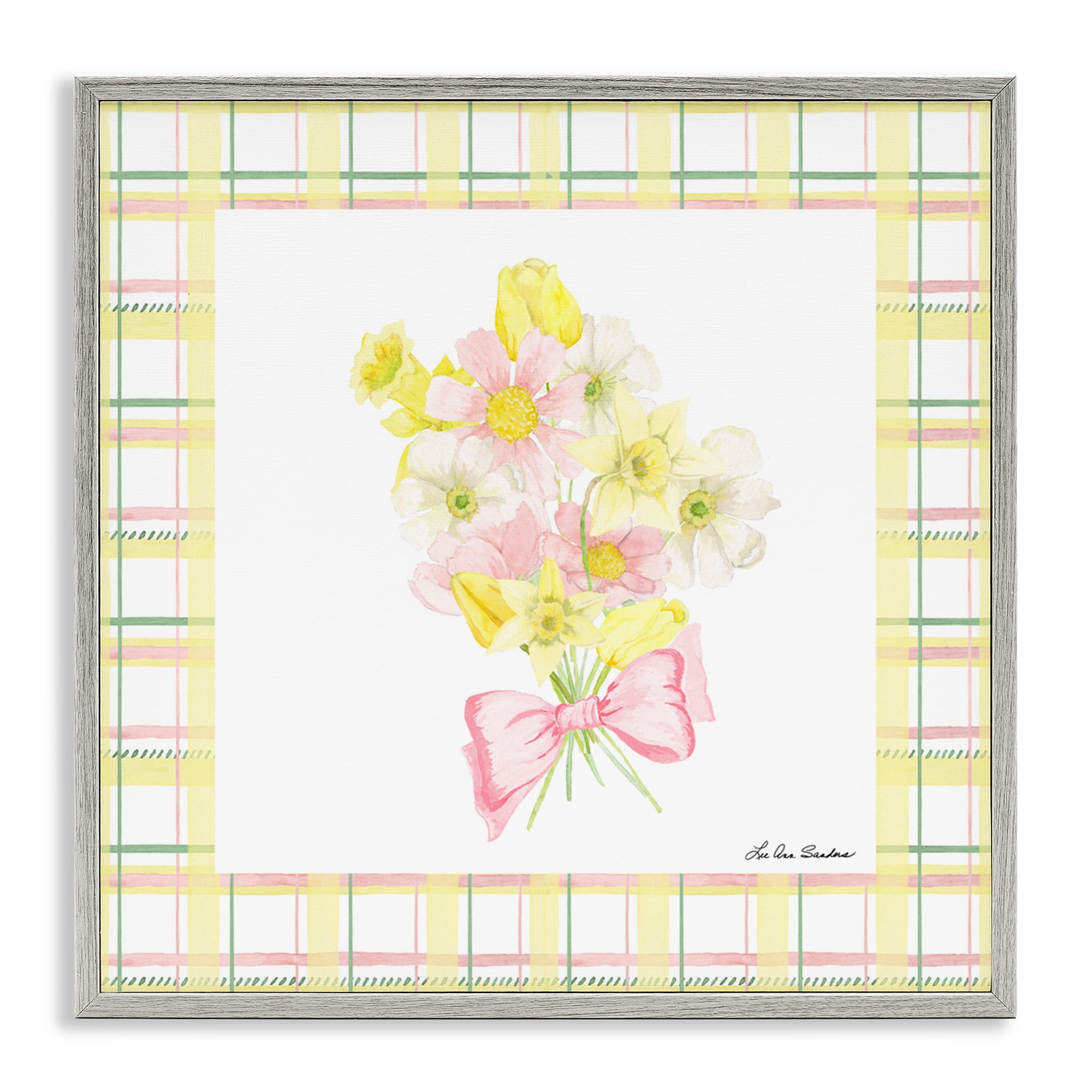 Spring Daffodils on Plaid Gray Framed Giclee Art, design by Lee Ann Sanders