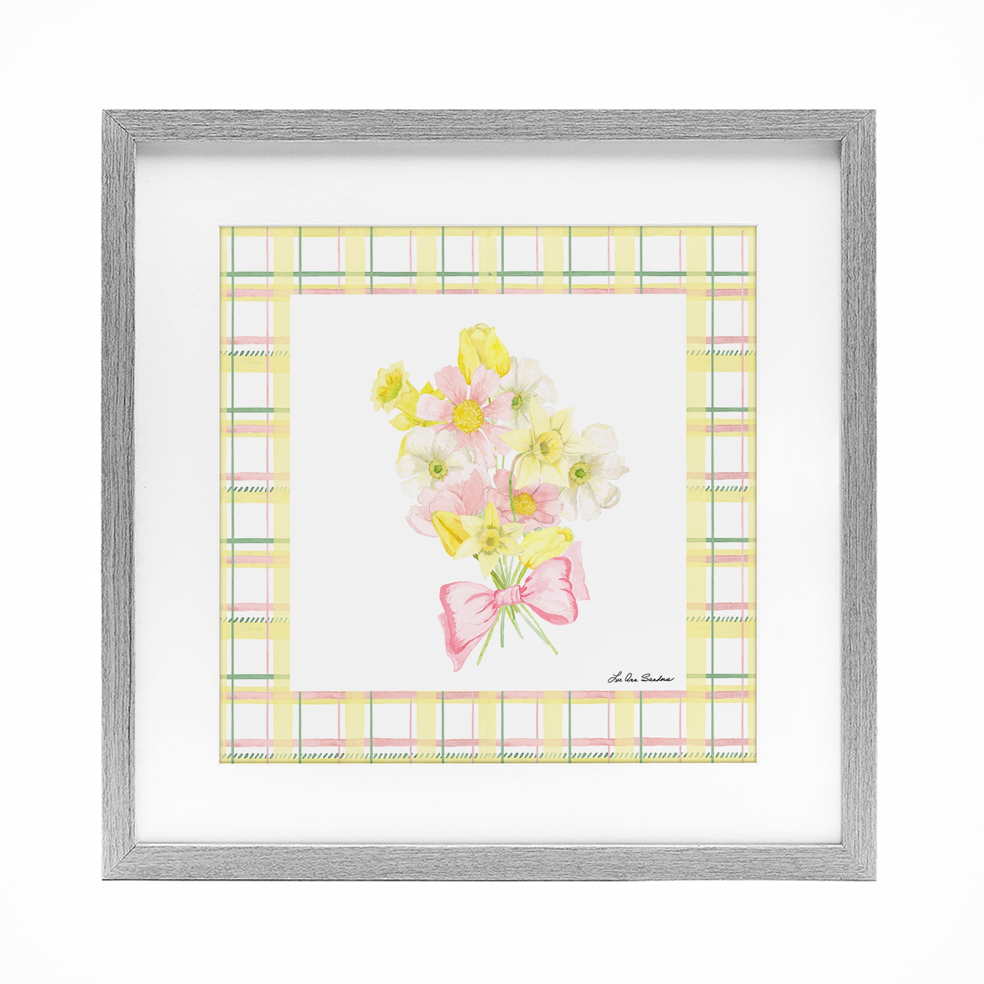 Spring Daffodils on Plaid Gray Framed Print Under Glass, design by Lee Ann Sanders