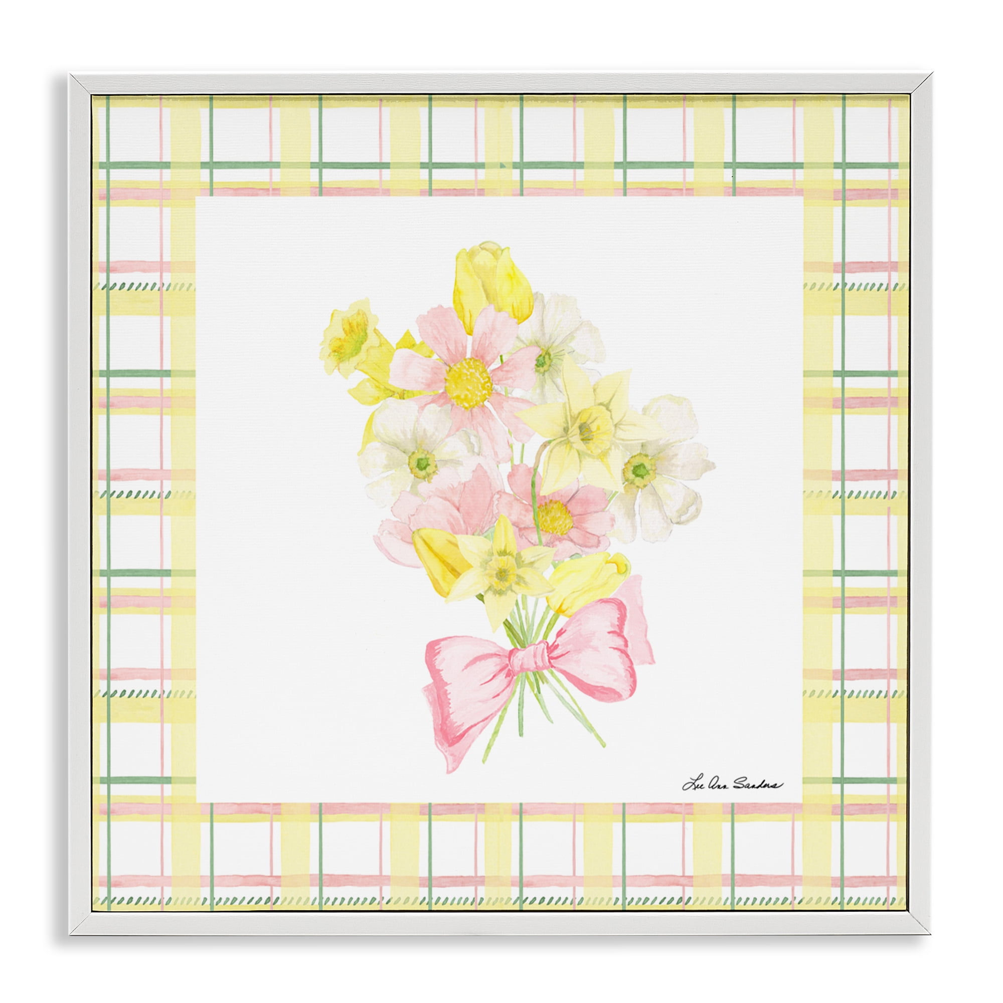 Spring Daffodils on Plaid White Framed Giclee Art, design by Lee Ann Sanders