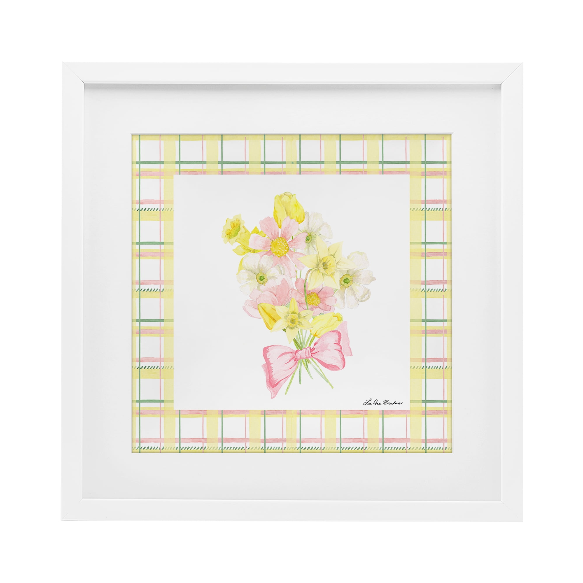 Spring Daffodils on Plaid White Framed Print Under Glass, design by Lee Ann Sanders