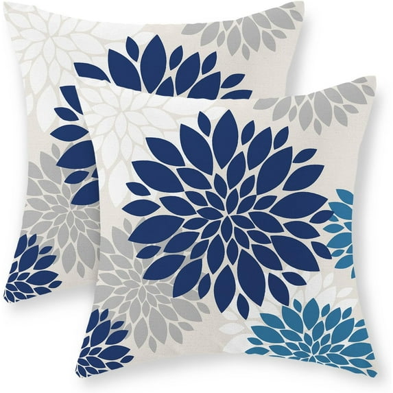 Spring Dahlia Pillow Covers 18x18 Set of 2, White Gray Navy Blue Pillowcase Linen Modern Gometric Floral Decorations Outdoor Throw Pillows Summer Farmhouse Flower Cushion Case for Sofa Couch