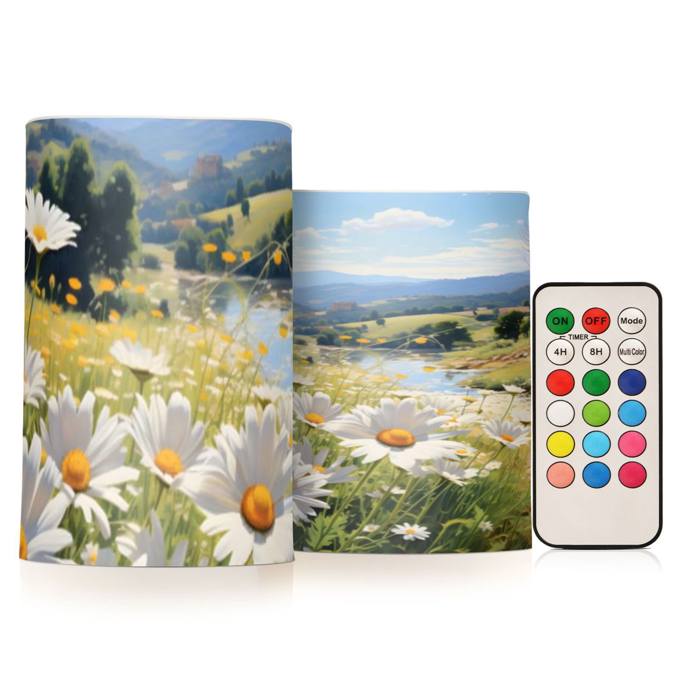 Spring Daisies Flickering Flameless Candles Battery Operated with Remote Timer LED Pillar Candles Set of 2