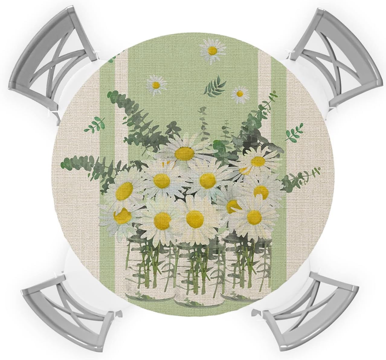 Spring Daisies Flower Watercolor Round Tablecloth Fitted Table Cover,Farmhouse Green White Summer Elastic Tablecloths Waterproof Outdoor Indoor Stretch Cloth Tablecover for Dinner,Party,Shower,45-52IN