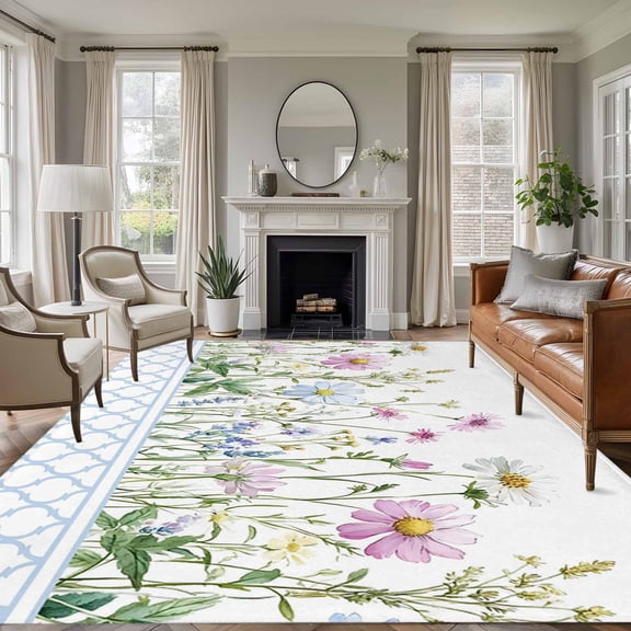 Spring Daisy Area Rug 5x8 Washable Rug Non Slip Blue Moroccan White Wildflowers Country Plants Large Area Rug Soft Stainresistant Indoor Floor Carpet for Living Room Bedroom Home Office Dining Room