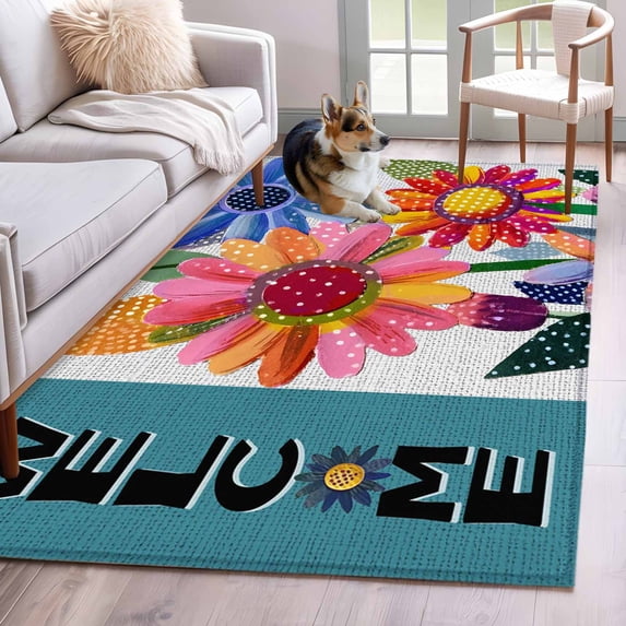 Spring Daisy Area Rugs 3'x5', Washable Small Throw Rugs for Living Room Bedroom, Turquoise Modern Abstract Art Dots Floral Indoor Outdoor Rug Non-Slip Low Pile Carpet Runner Reversible Floor Mats