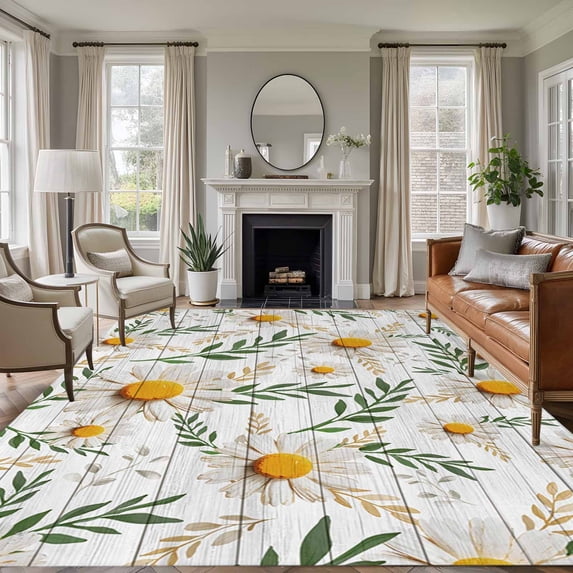 Spring Daisy Area Rugs 6'x9', Small Throw Rugs for Kitchen Dining room, Farmhouse Country Flower Leaf Plant Wood Grain Indoor Outdoor Rug Non-Slip Low Pile Carpet Runner Reversible Floor Mats