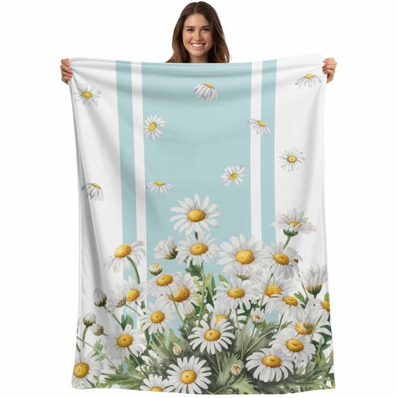 Spring Daisy Blanket Soft Cozy Warm Throw Blanket for Couch, Plush Fuzzy Flannel Fleece Blankets for Sofa, Watercolor Botanical Flowers Blue Striped Bed Blankets Lightweight Gifts for Women, 32"x48"
