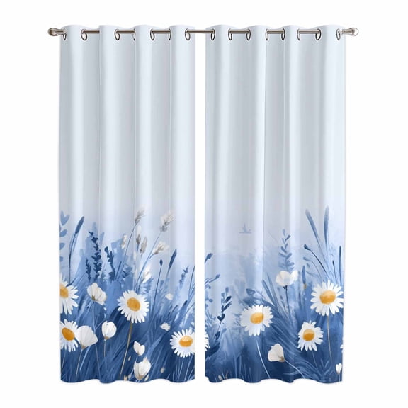 Spring Daisy Blue Kitchen Curtains 84 Inch Length, Pastoral Botanical White Floral Leaf Grommet Top Bedroom Living Room Curtains, Light Filtering Cafe Curtain Drapes 2 Panels Set 84''x84''