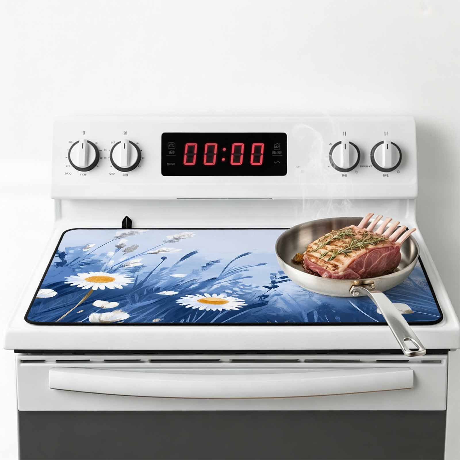 Spring Daisy Blue Stove Top Cover for Electric Stove, Heat-proof & Non Slip Glass Top Stove Cover Protector, Pastoral Botanical White Floral Leaf Kitchen Flat Cooktop Rubber Mat 24x21 Inches