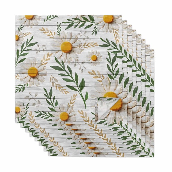 Spring Daisy Cloth Napkins, Farmhouse Country Flower Leaf Plant Wood Grain Washable and Reusable Dinner Napkins Set of 8, Table Napkin for Kitchen Party Birthday Wedding Hotel Housewarming 20"x20"